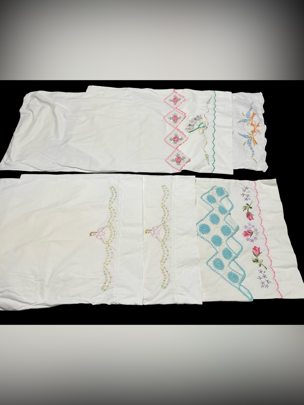 Vintage Bundle of 7 Embroidered Floral and Crochet Pillowcases